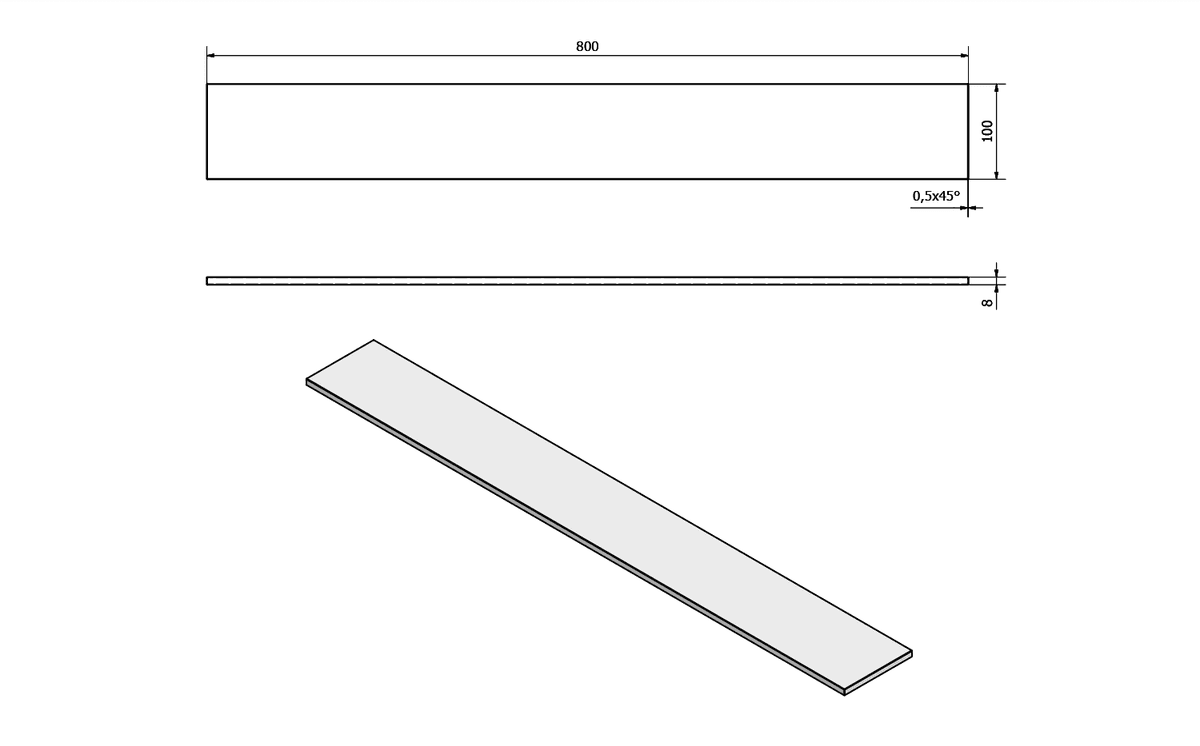 Półka szklana 800x100x8mm, mleczna, hartowane szkło