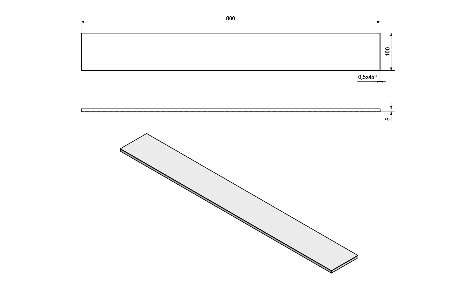 Półka szklana 800x100x8mm, mleczna, hartowane szkło