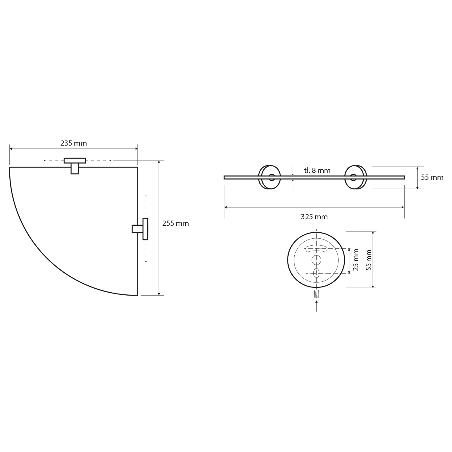 X-ROUND E szklana półka narożna 255x255mm, chrom