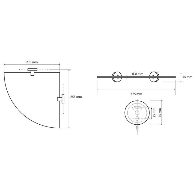 X-ROUND E szklana półka narożna 255x255mm, chrom