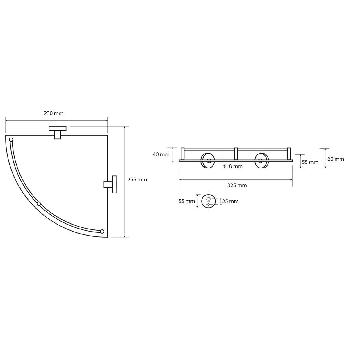 X-ROUND E narożna półka szklana z relingiem chrom 355x70x255mm