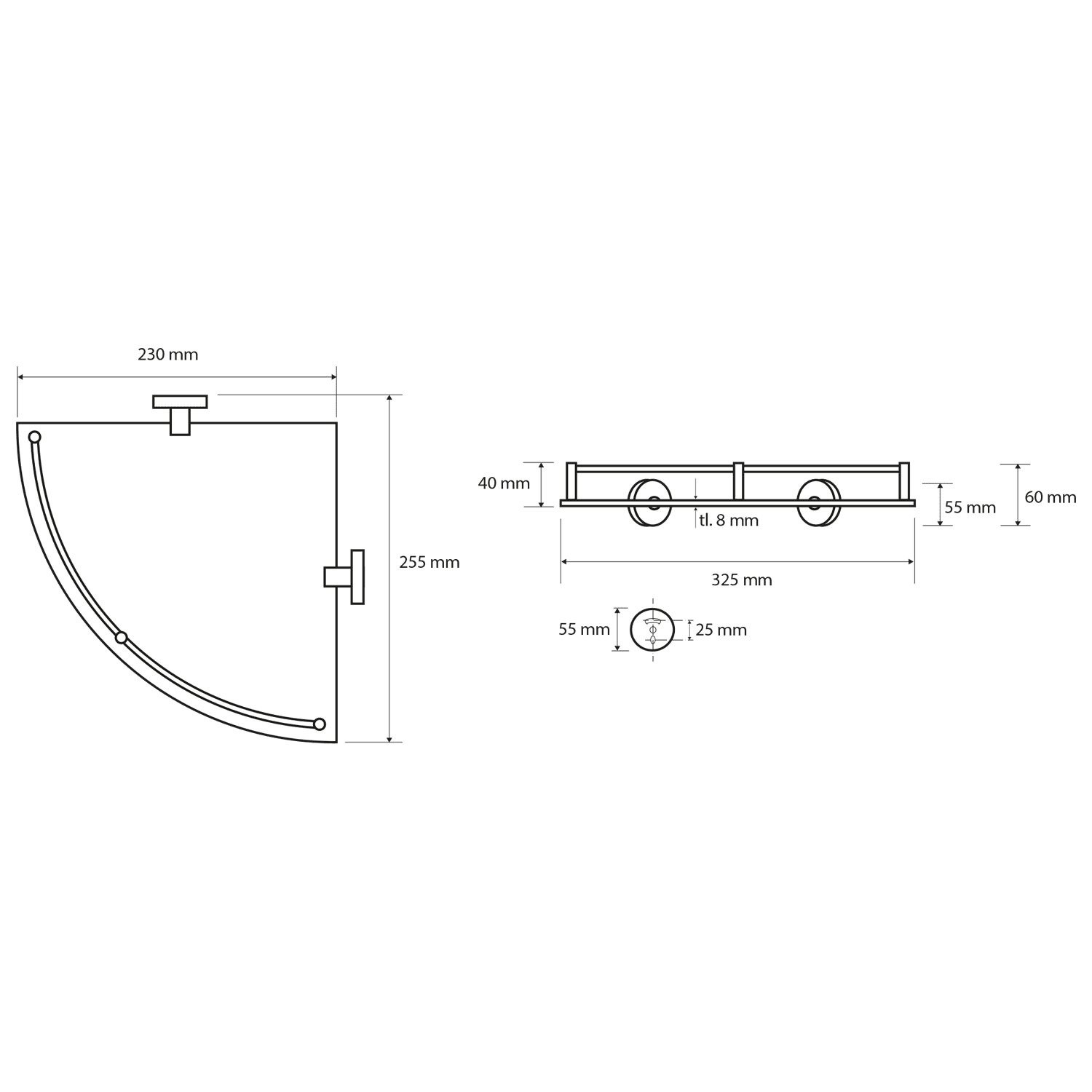 X-ROUND E narożna półka szklana z relingiem chrom 355x70x255mm