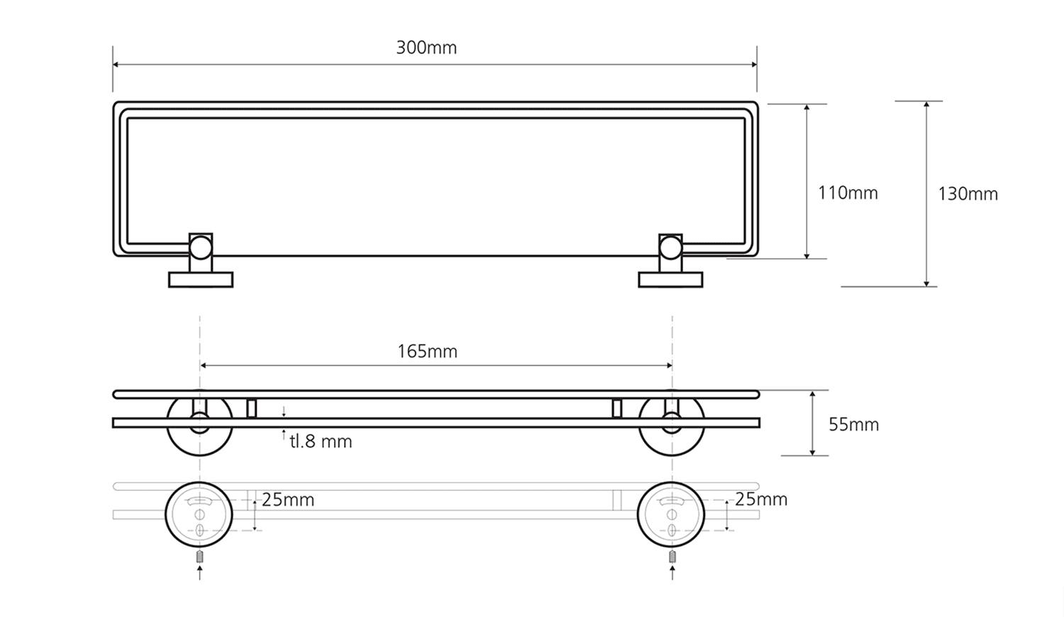 X-ROUND E półka szklana z relingiem 300x130mm, chrom