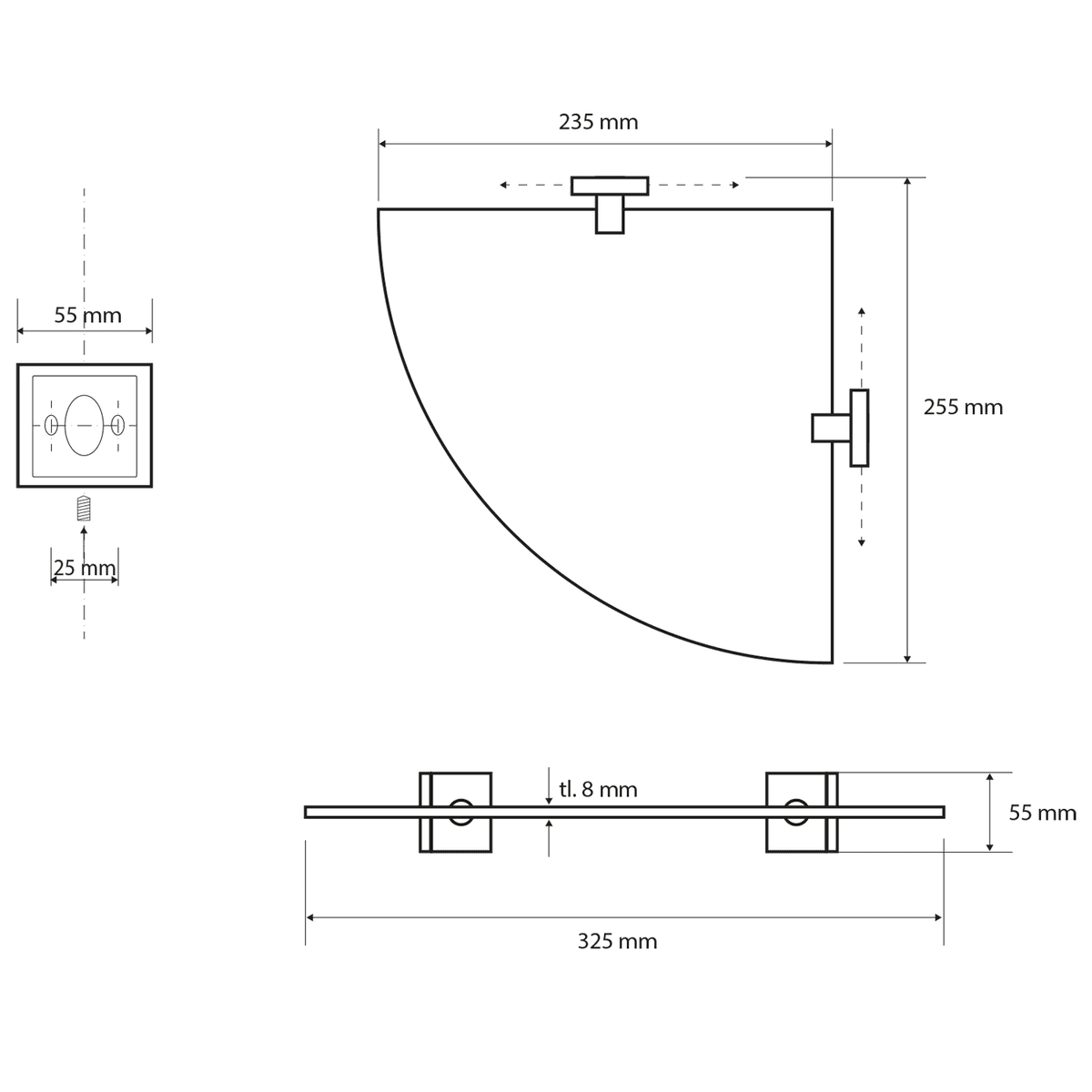 X-SQUARE półka szklana narożna 250x55mm, chromowana