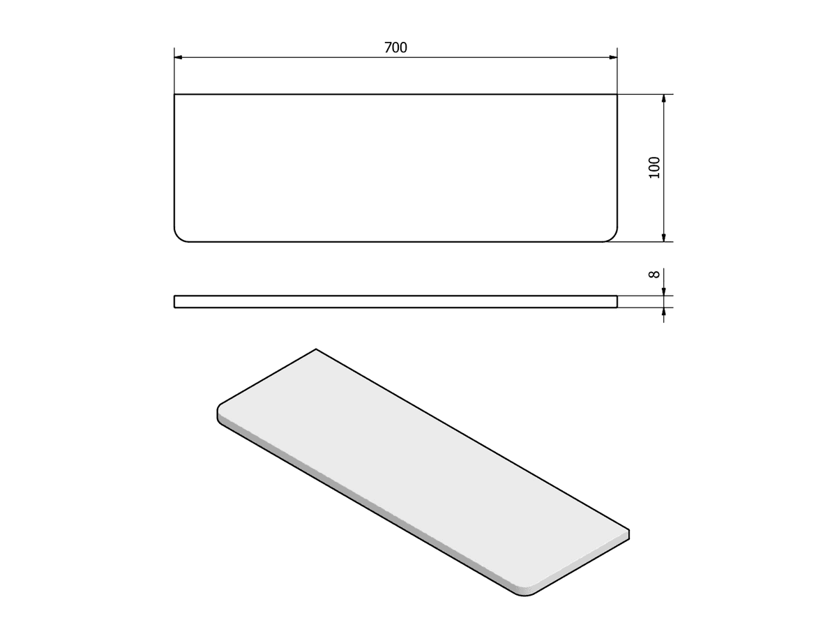 Półka szklana 700x100x8mm, hartowane szkło przezroczyste