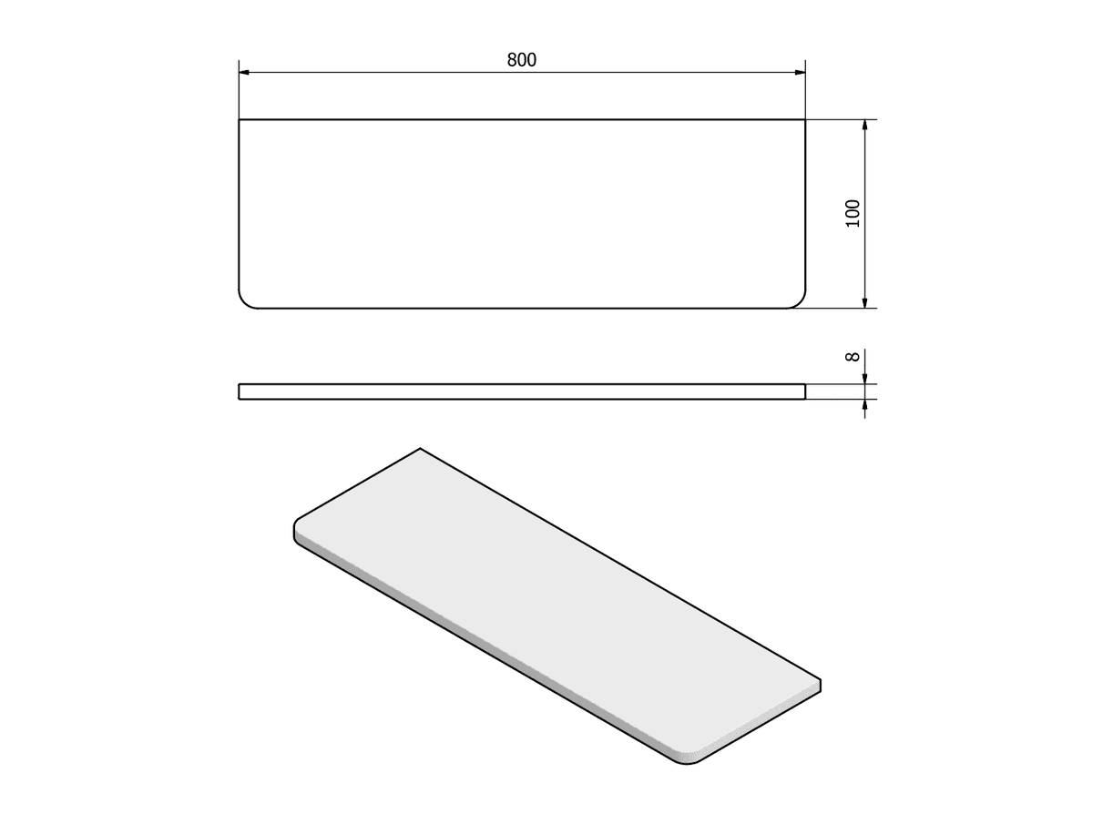 Półka szklana 800x100x8mm, hartowane szkło przezroczyste