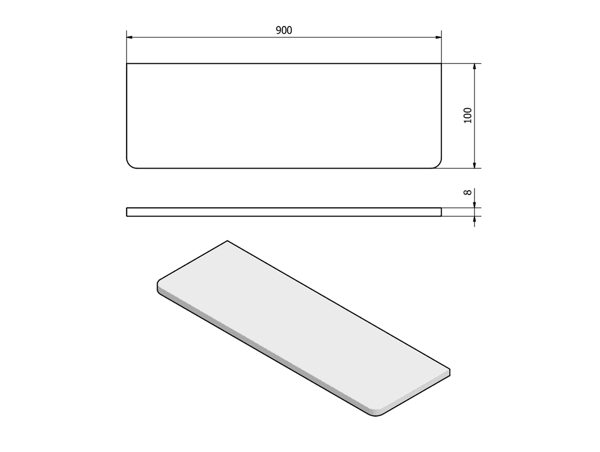 Półka szklana 900x100x8mm, hartowane przezroczyste