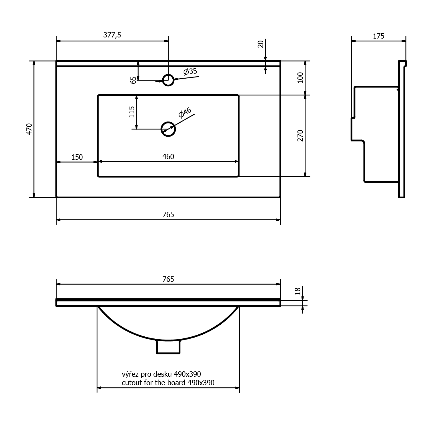 SLIM umywalka meblowa 75x16x46 cm z blatem