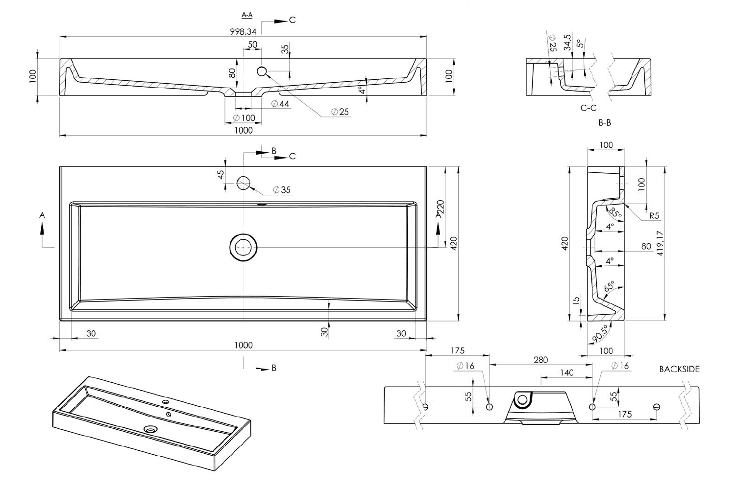 ORINOKO umywalka 100x42 cm, kompozytowa biały