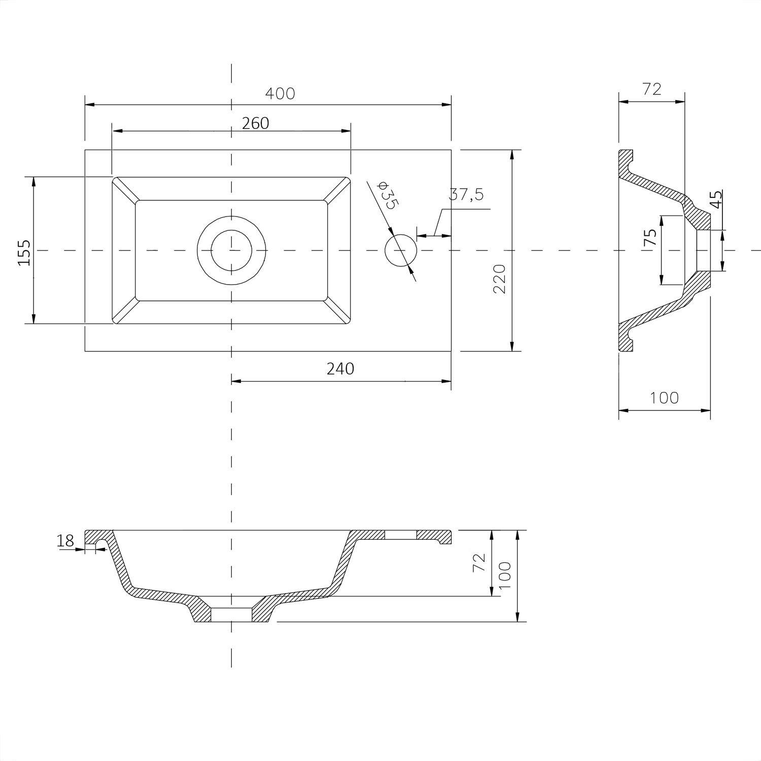 Umywalka kompozytowa 40x22 cm, biała, termoizolacyjna