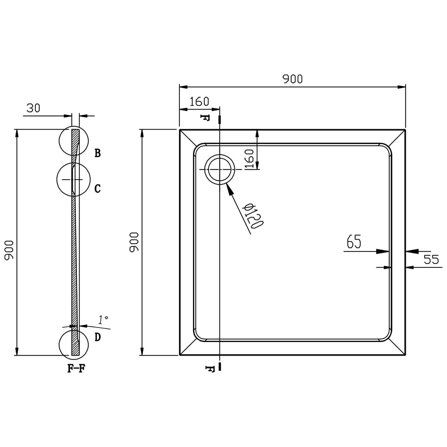 TECMI brodzik kompozytowy kwadratowy 90x90x3 cm