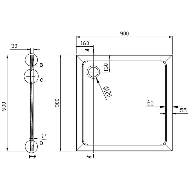 TECMI brodzik kompozytowy kwadratowy 90x90x3 cm