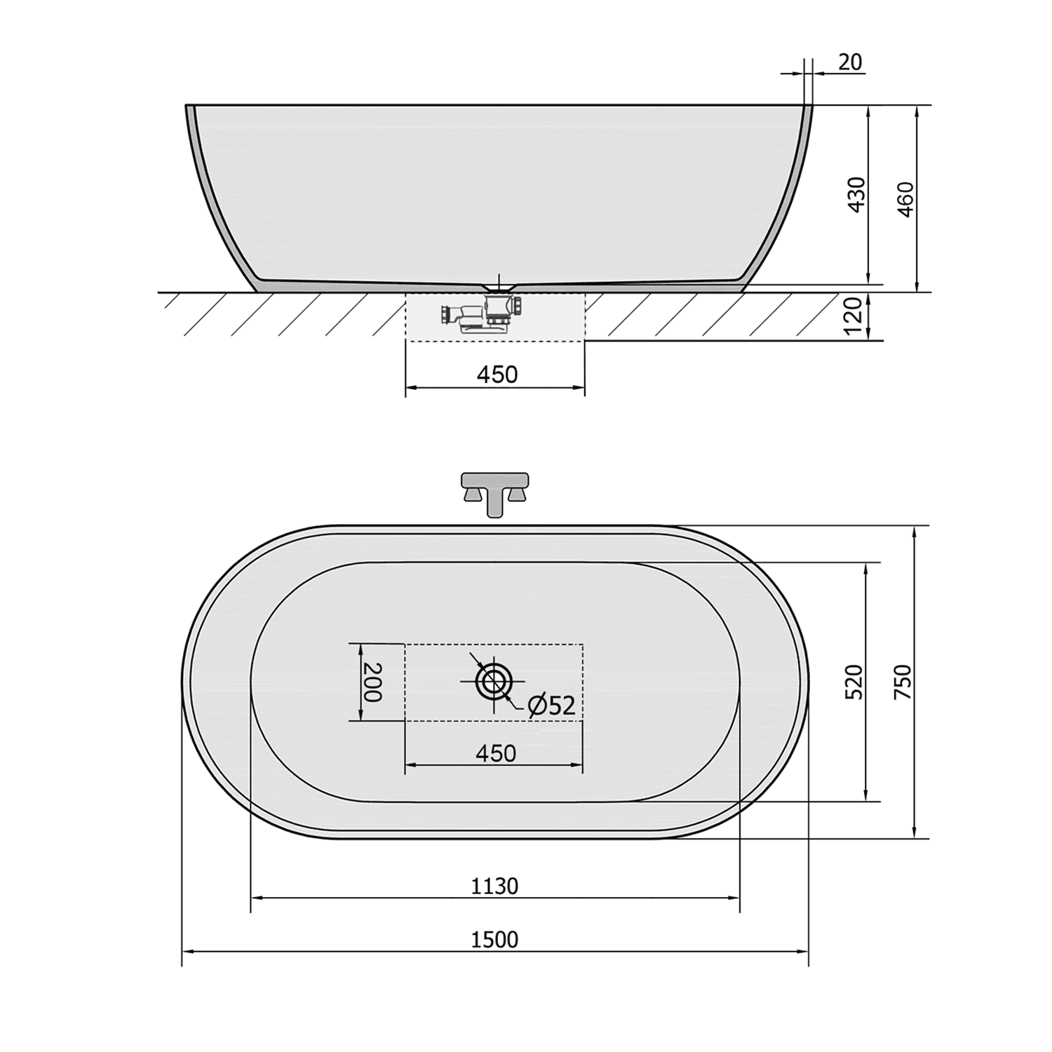 REDUTA wolnostojąca wanna 150x75cm z kompozytu