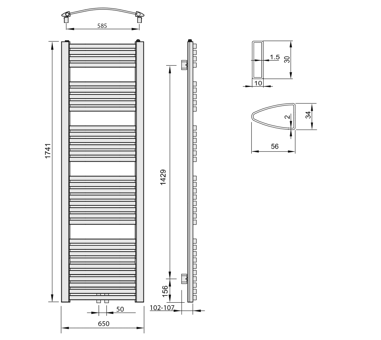 Grzejnik łazienkowy STING 650x1741 mm, 968 W