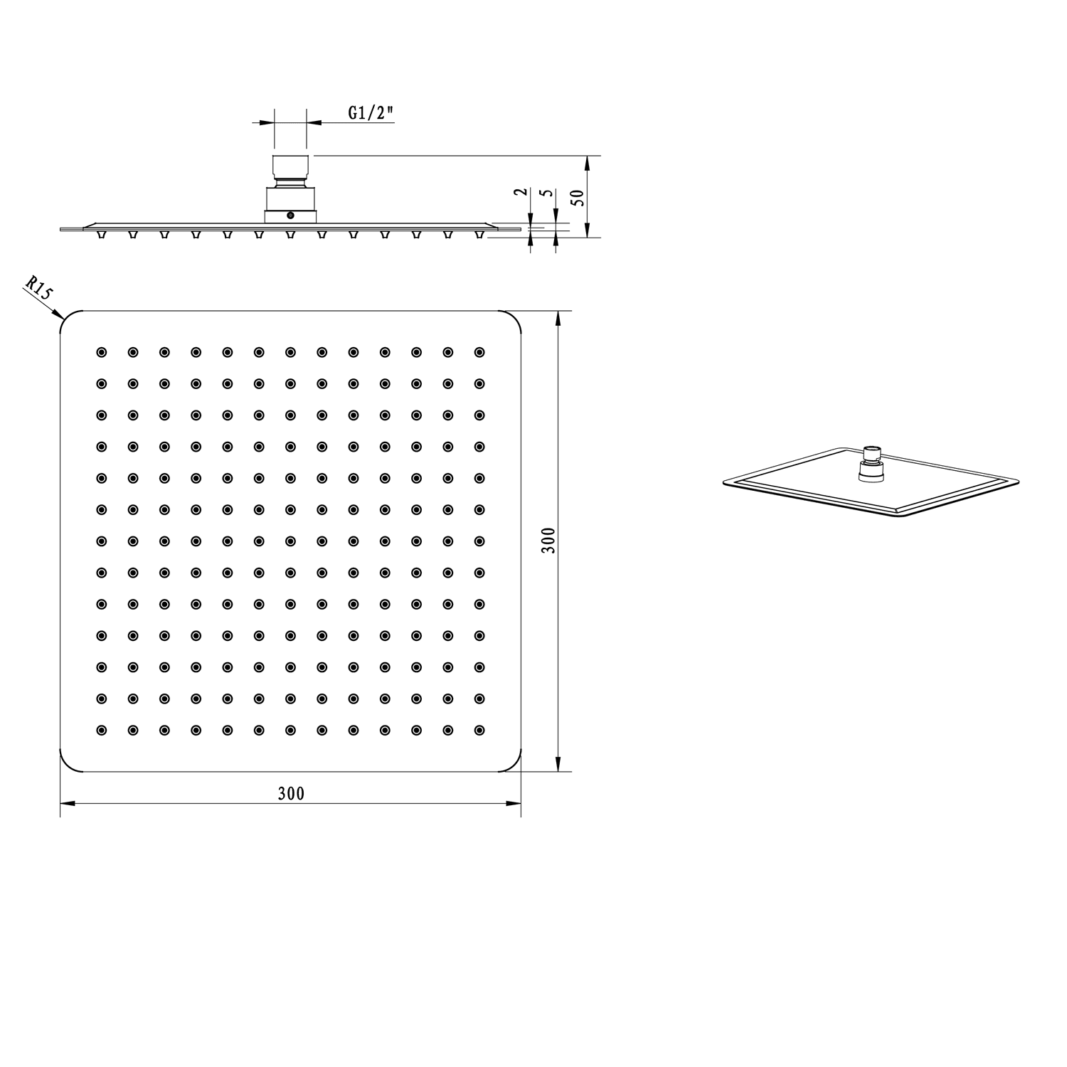 Deszczownia 300x300mm czarna matowa z funkcją antykamień