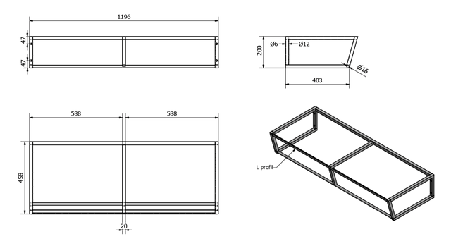 SKA Wspornik umywalki stalowy 1200x200x460mm matowy