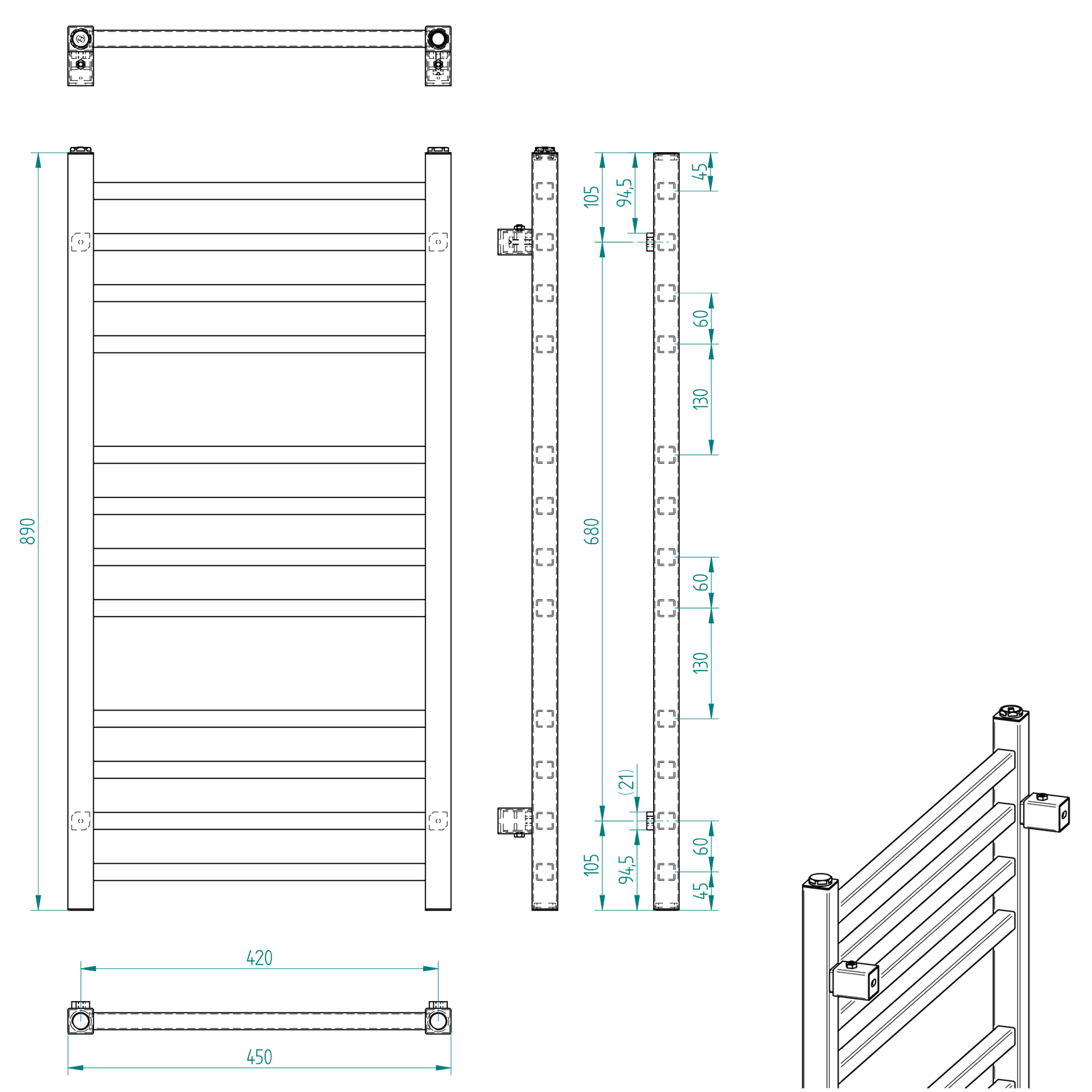 METRO grzejnik łazienkowy 450x890 mm, czarny mat drabinkowy