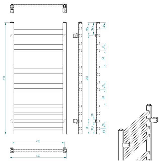 METRO grzejnik łazienkowy 450x890 mm, czarny mat drabinkowy
