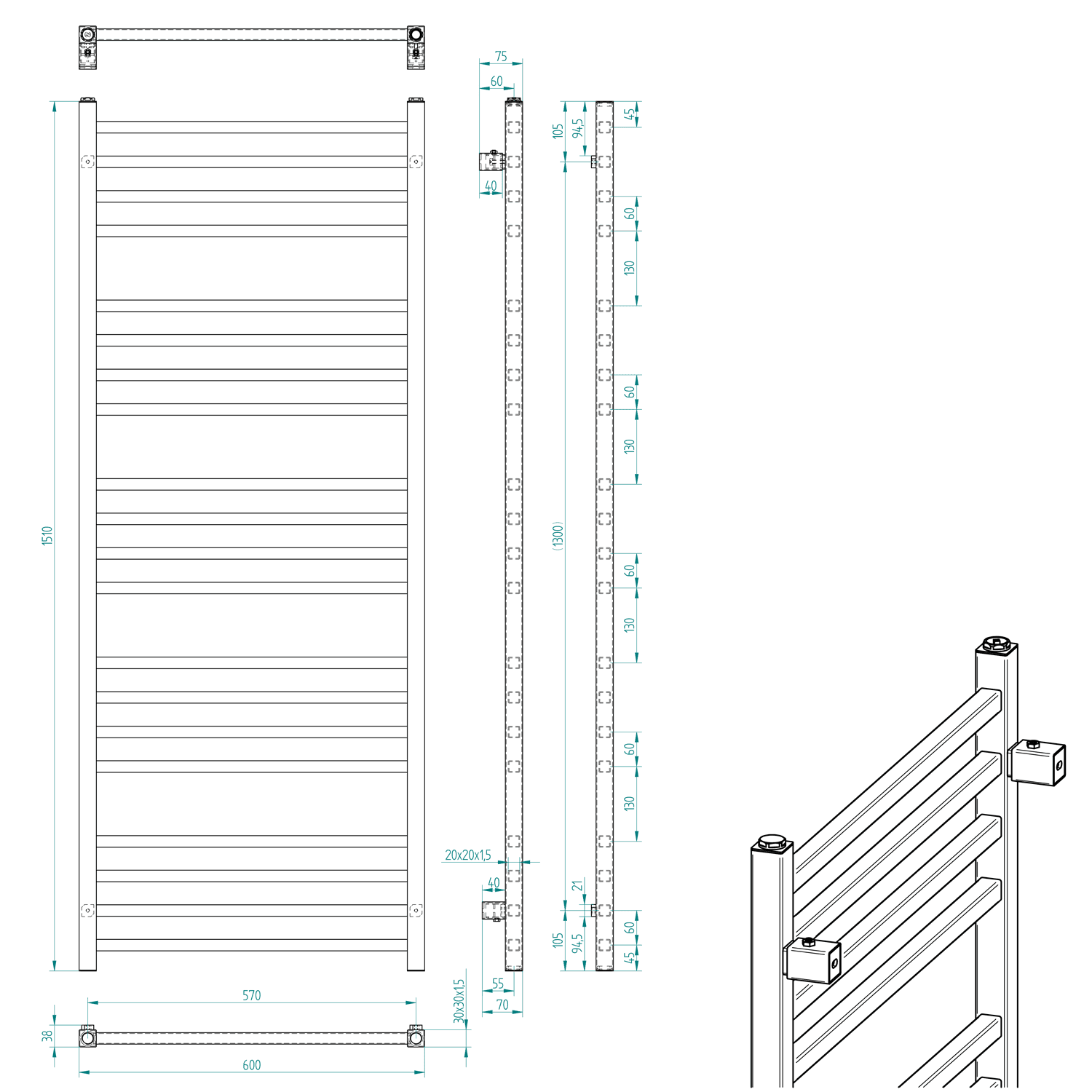METRO grzejnik łazienkowy 600x1510 mm, czarny mat