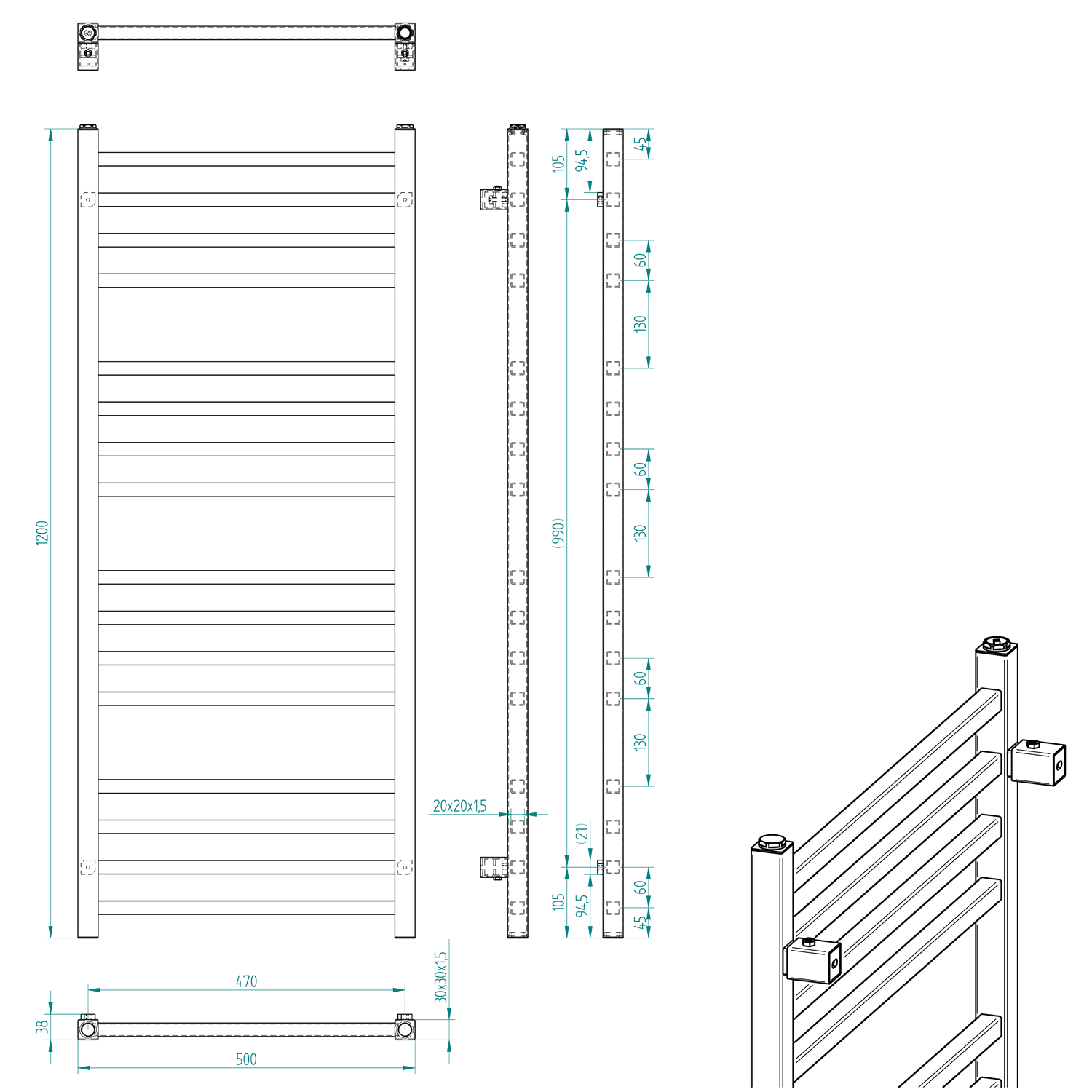 METRO grzejnik łazienkowy drabinkowy 500x1200 mm czarny mat