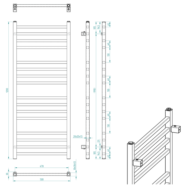 METRO grzejnik łazienkowy drabinkowy 500x1200 mm czarny mat