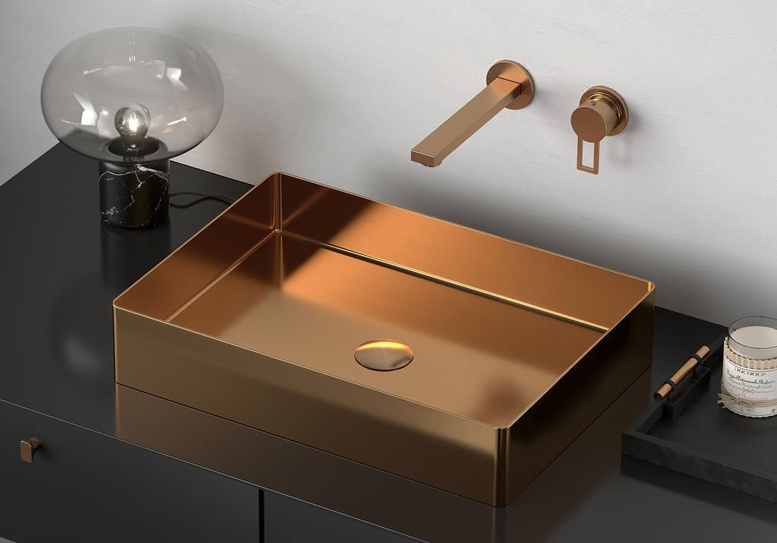 AURUM umywalka stal nierdzewna 50x35 cm z korkiem miedź