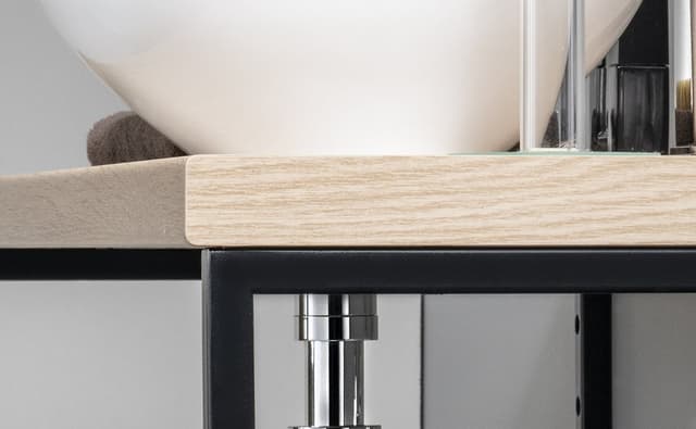 VEGA zestaw łazienkowy z blatem HPL, dąb platyna 97,5 cm