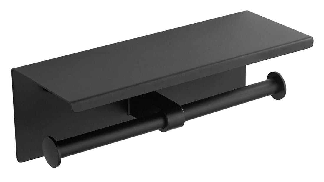 Podwójny wieszak na papier toaletowy z półką 30cm, czarny mat
