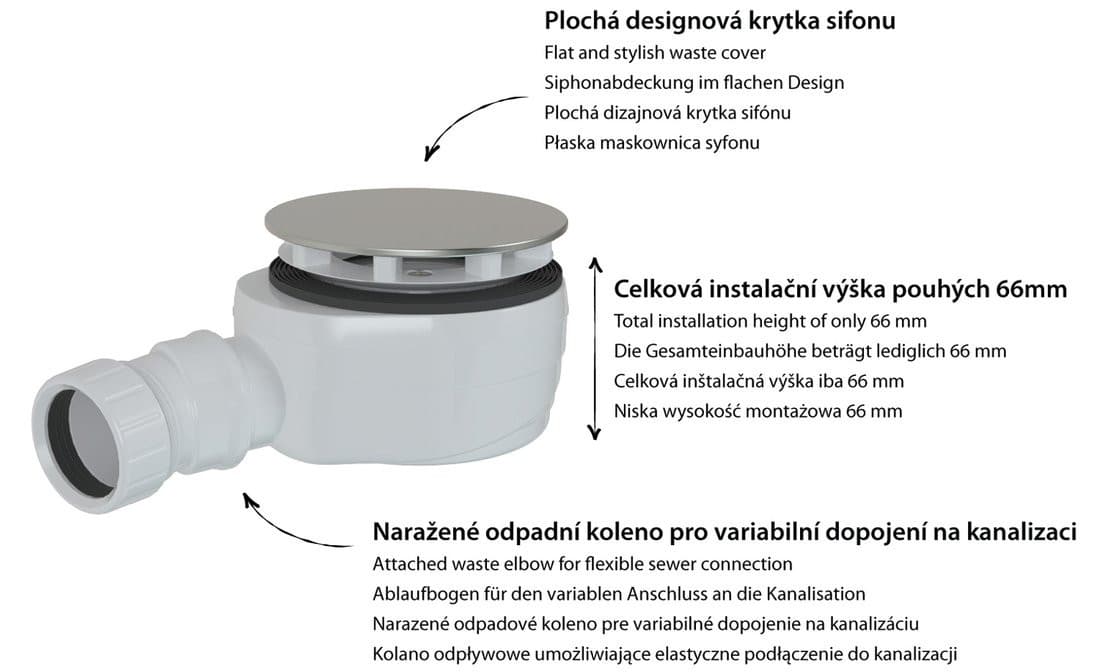 Syfon do brodzików, średnica 90mm, DN40, niski, korek biały