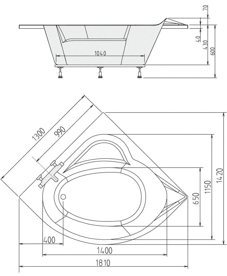 SIRIUS narożna wanna akrylowa 130x130x45cm biała