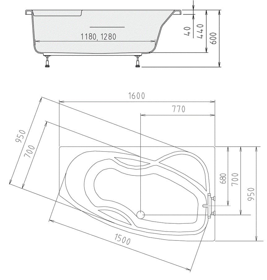 MAMBA 160 R wanna asymetryczna 160x95, prawa biała