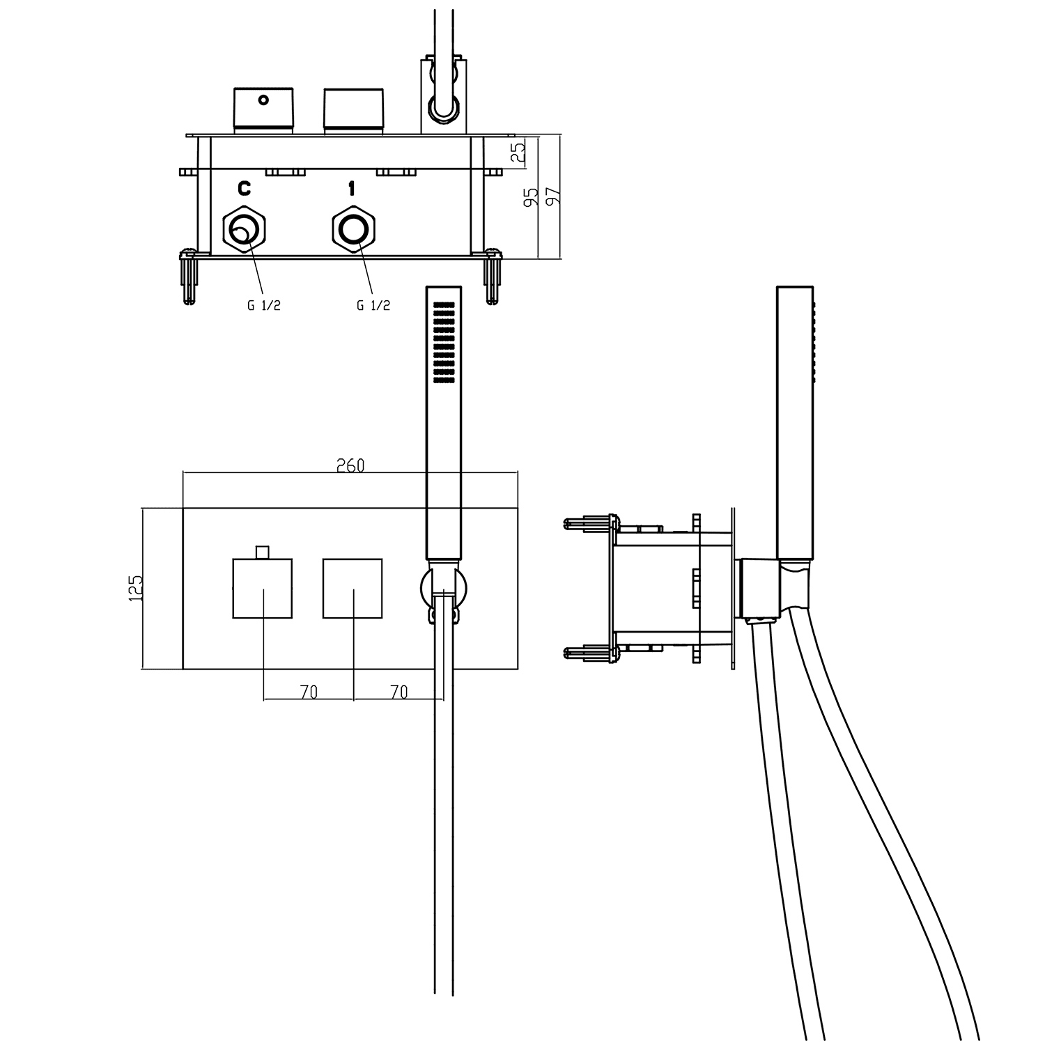 LATUS bateria prysznicowa termostatyczna podtynkowa chrom (2/3 wyjścia)