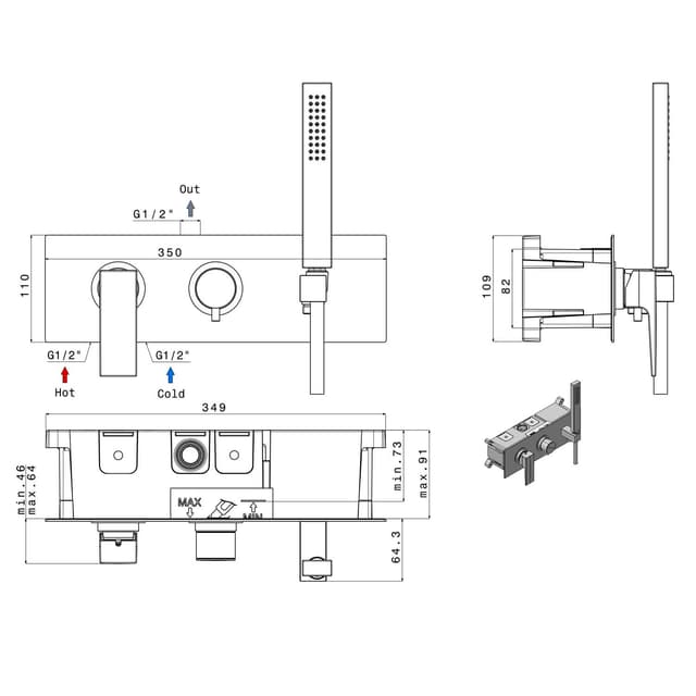 DIMY bateria prysznicowa podtynkowa 2-funkcyjna czarna