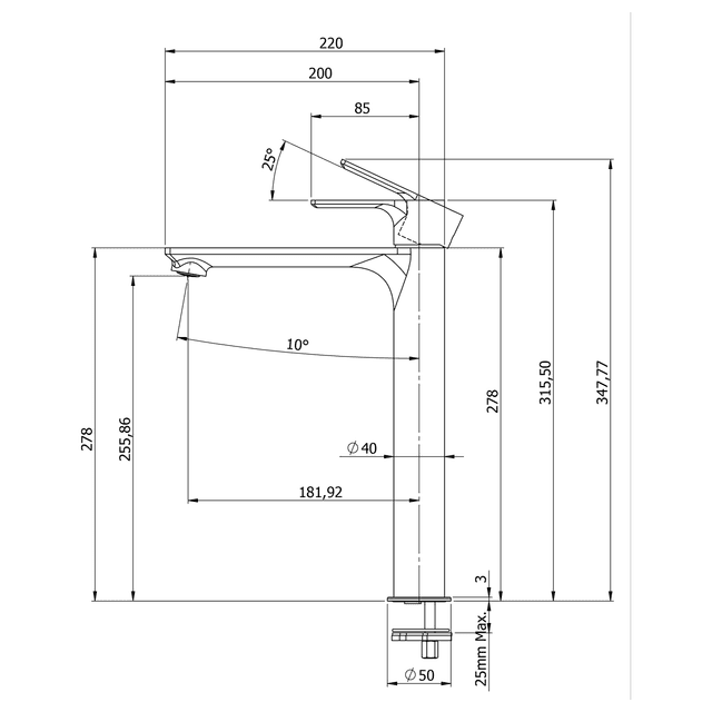 PAX wysoka bateria umywalkowa z przedłużoną wylewką matowa
