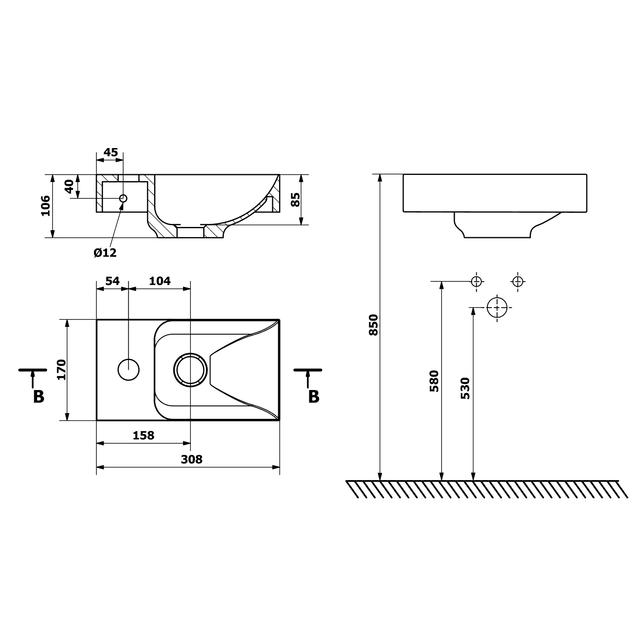 Umywalka kompozytowa PICCOLINO 30,5x10x17cm, z baterią z lewej