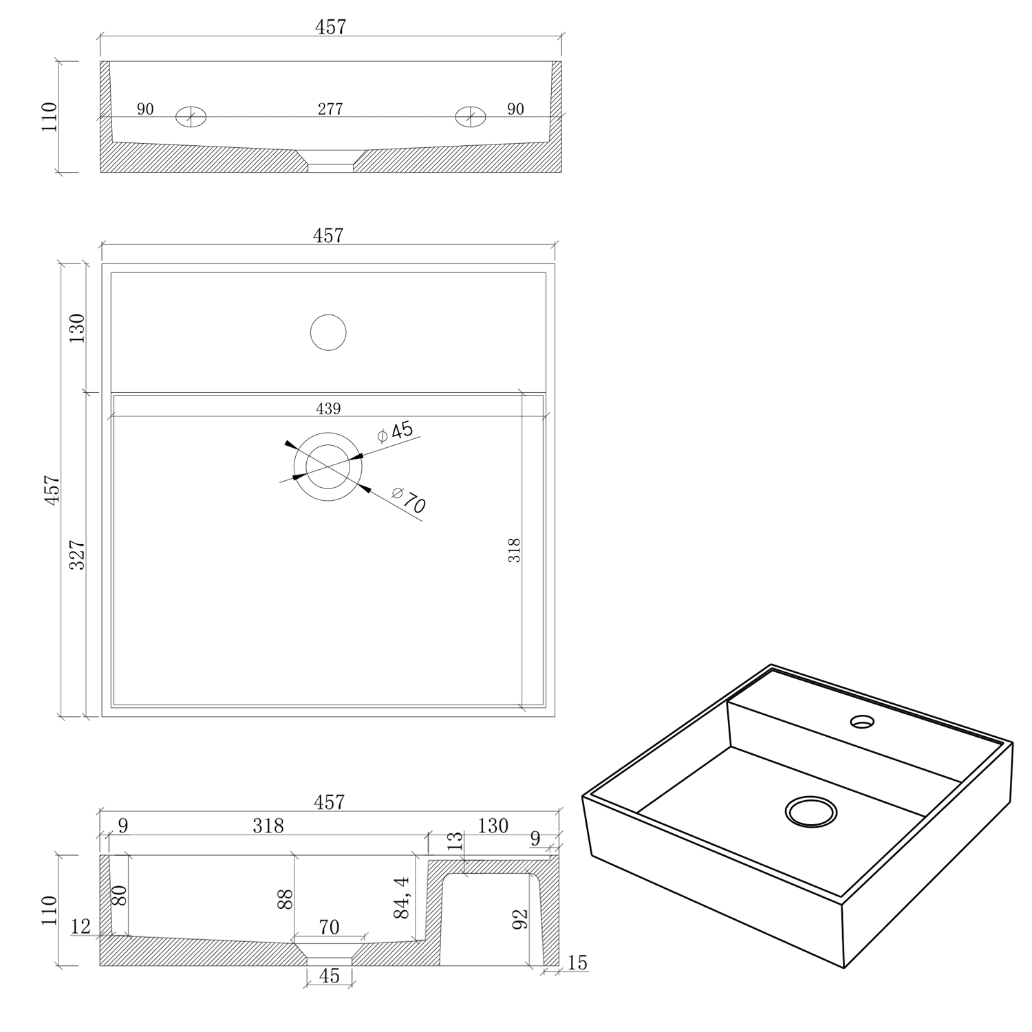 QUADRADO umywalka betonowa 46x46 cm z korkiem