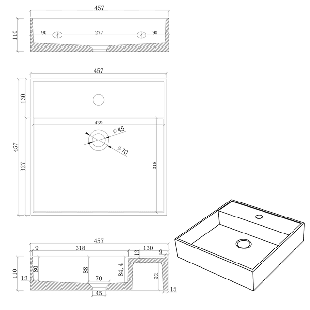 QUADRADO umywalka betonowa 46x46 cm z korkiem