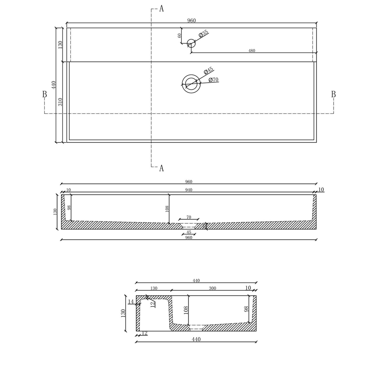 QUADRADO umywalka betonowa, 96x44 cm, 2 otwory