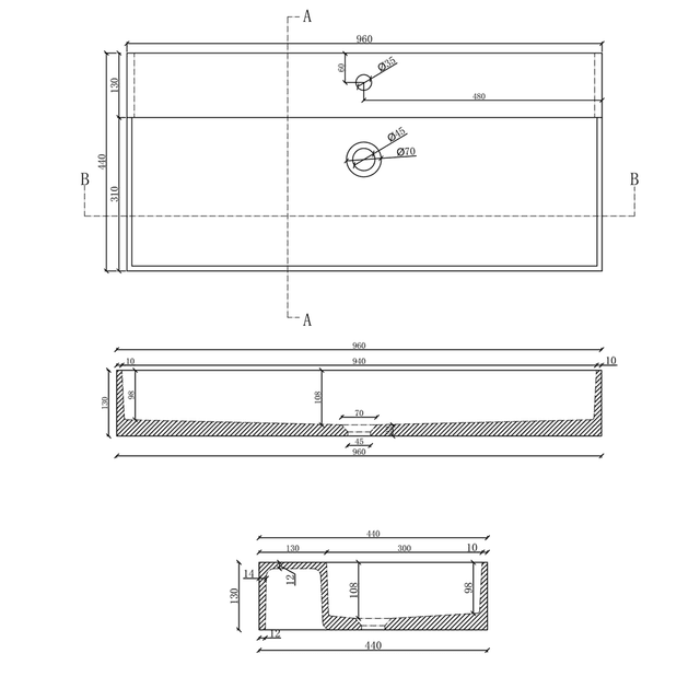 QUADRADO umywalka betonowa, 96x44 cm, 2 otwory