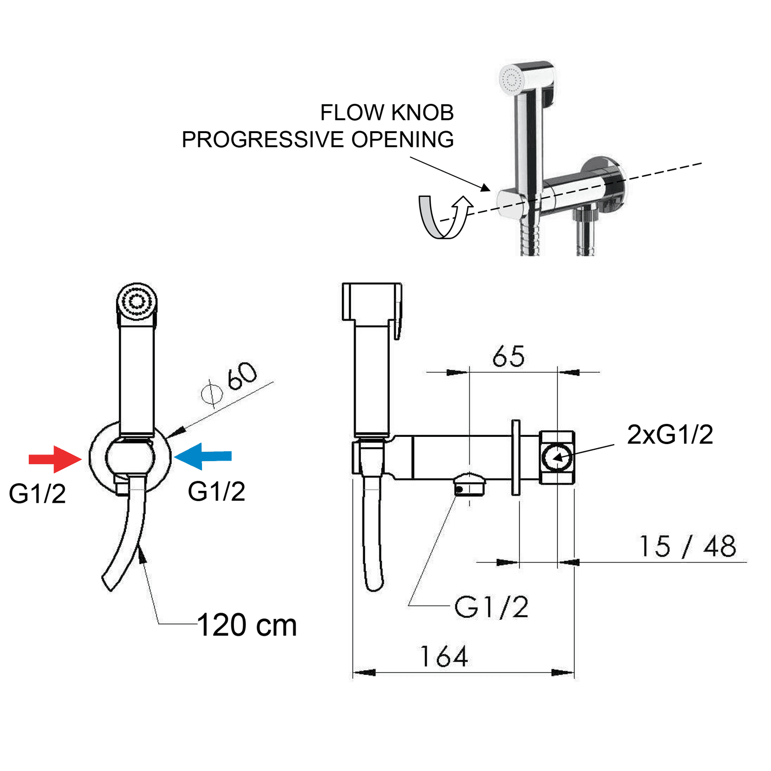 Bateria podtynkowa z prysznicem bidetowym chrom (progresywna)