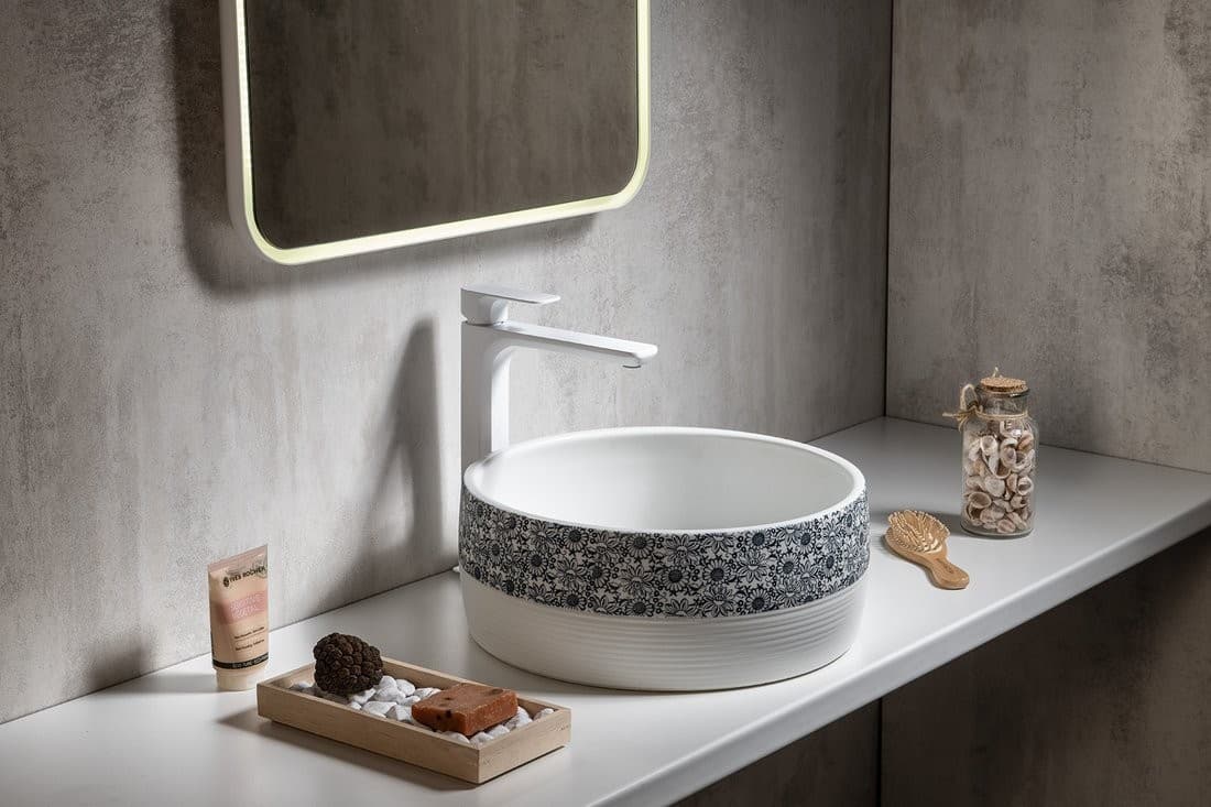 PRIORI umywalka ceramiczna, okrągła 41 cm z niebieskim wzorem