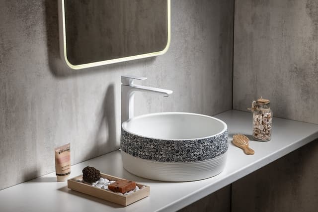 PRIORI umywalka ceramiczna, okrągła 41 cm z niebieskim wzorem