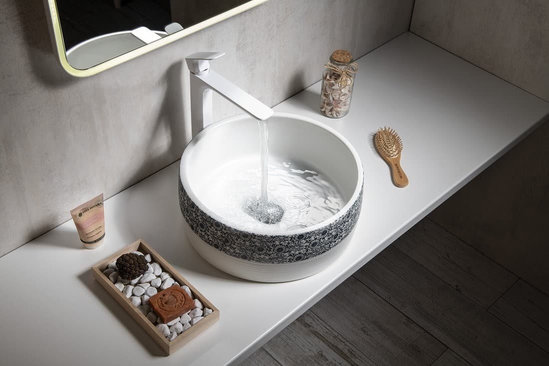 PRIORI umywalka ceramiczna, okrągła 41 cm z niebieskim wzorem