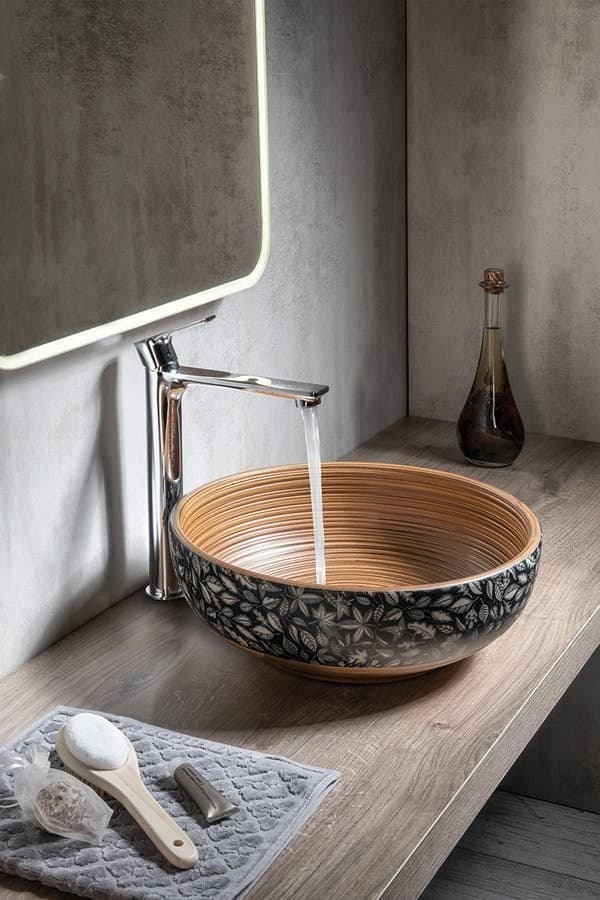 PRIORI okrągła umywalka ceramiczna 41 cm z brązowym wzorem