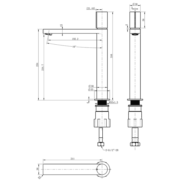 KAISA wysoka bateria umywalkowa bez odpływu, chrom, 235 mm