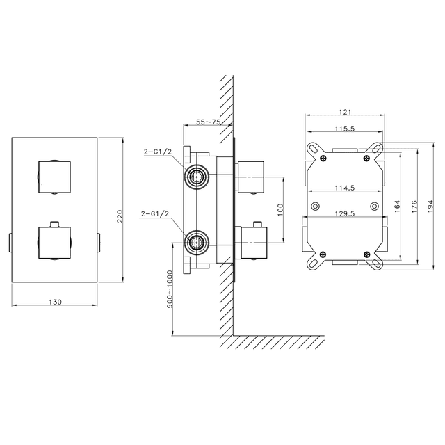 LATUS bateria podtynkowa termostatyczna, 2 wyjścia, chrom