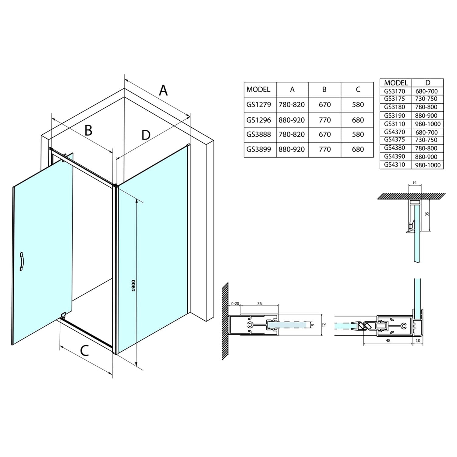 SIGMA SIMPLY obrotowe drzwi prysznicowe 880-920 mm, szkło Brick