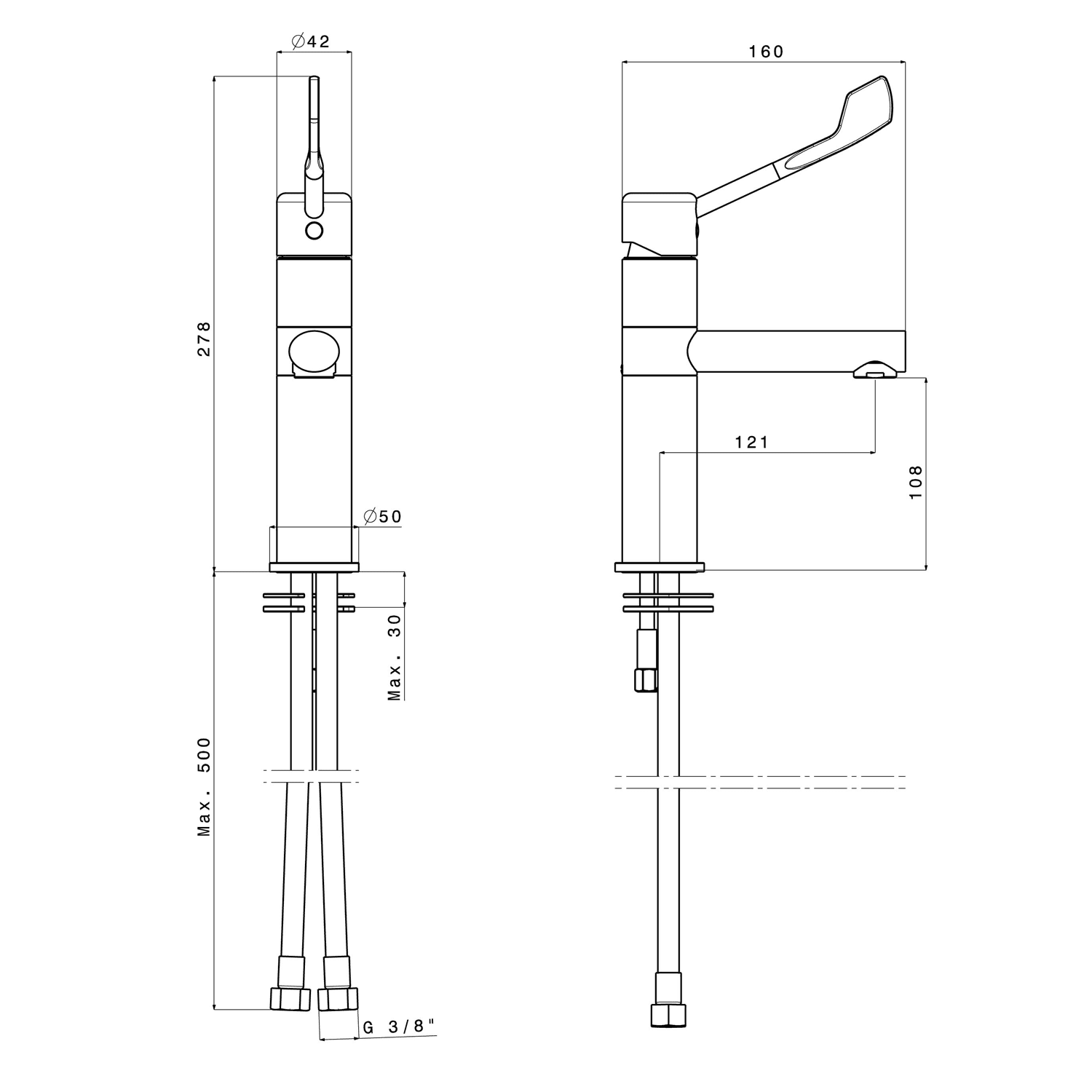 LEA wysoka bateria umywalkowa dla niepełnosprawnych z obrotową wylewką