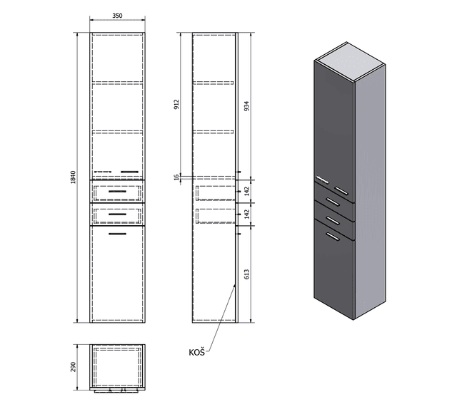 ZOJA/KERAMIA FRESH szafka wysoka z koszem 35x184cm, lewa