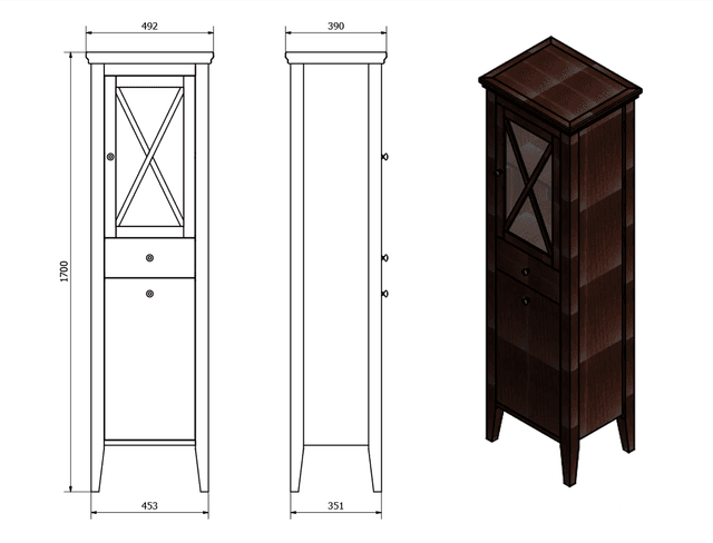 CROSS wysoka szafka z koszem na pranie 47x170 cm, mahoń